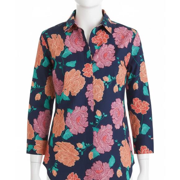 Chicos Blouse Size 12 Orange Pink Floral 100% Cotton Colorful Business Casual - Picture 1 of 9